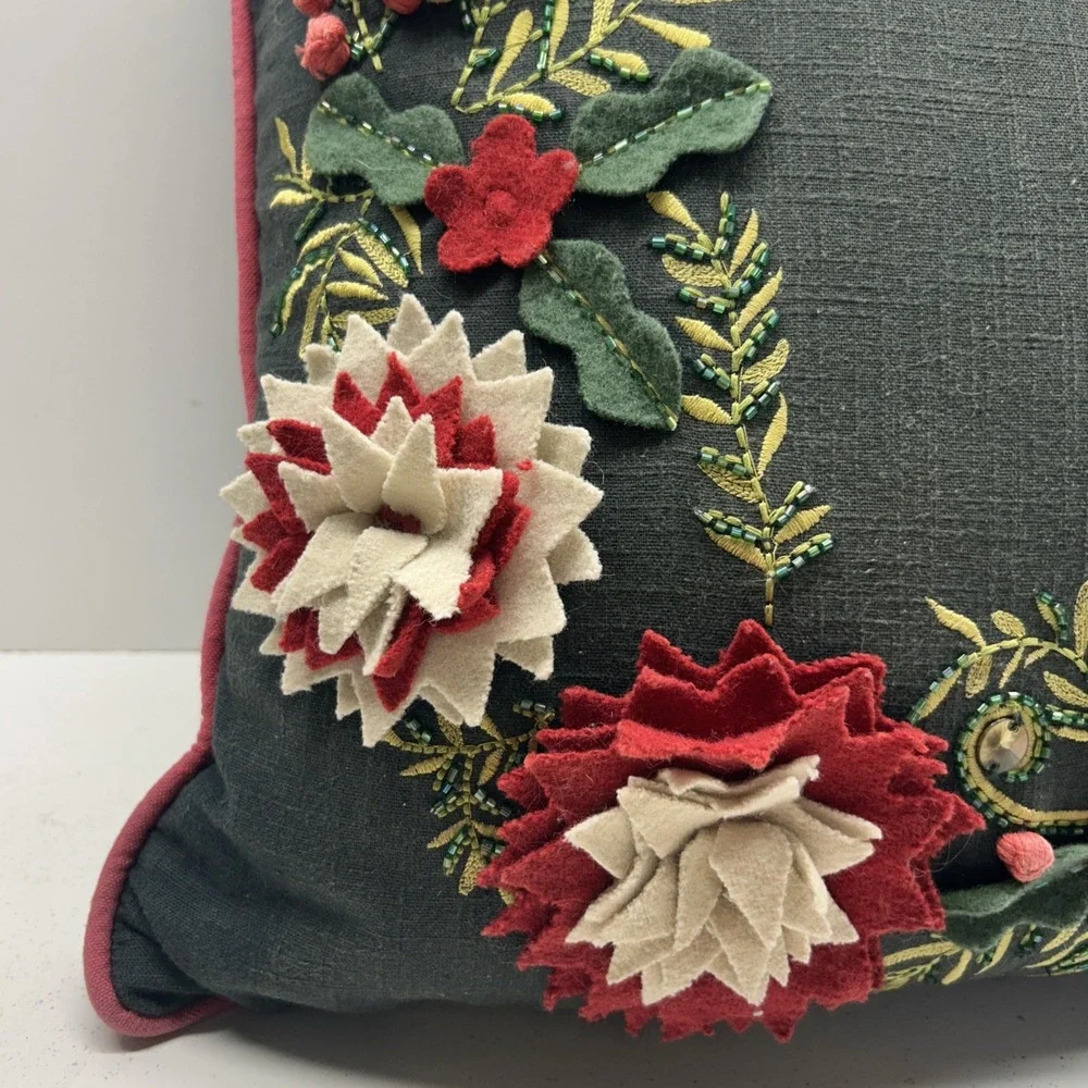 Devi Designs 18x18 Embroidered Floral Throw Pillow Beaded 3D Flowers Boho